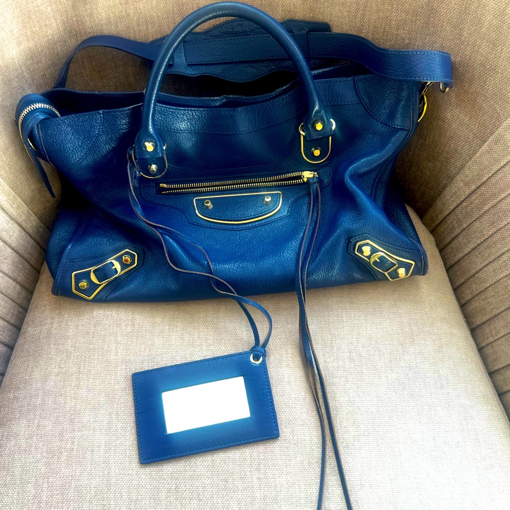BALENCIAGA Chevre Silver Metallic Edge Hardware City Bleu de Minuit